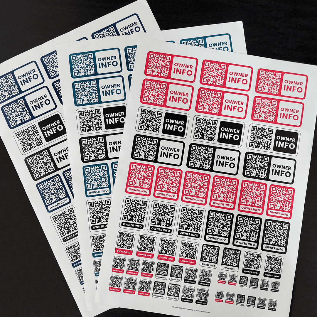 FindMe QR sticker sheets ready to print and attach to valuables