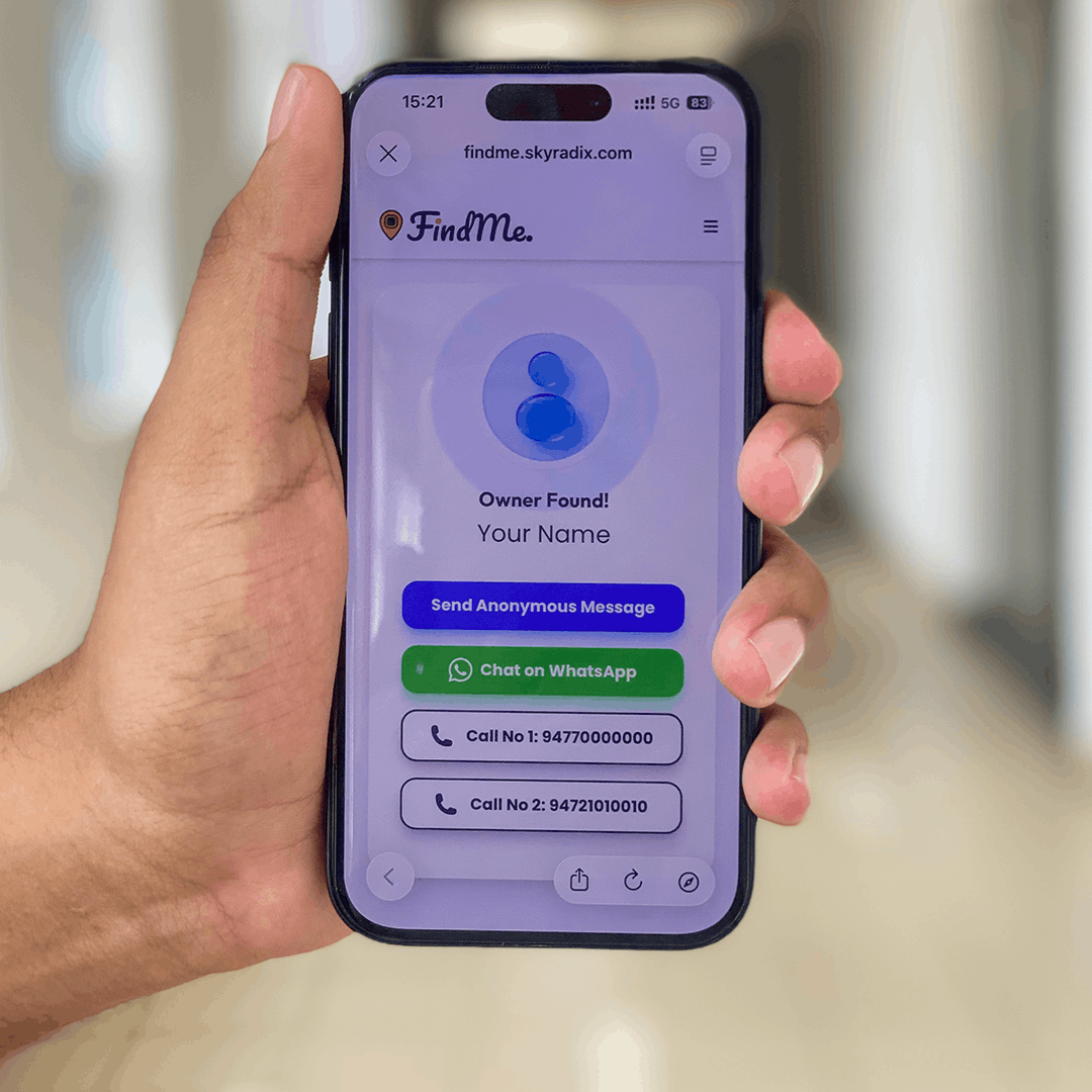FindMe app showing owner profile page after a QR code is scanned